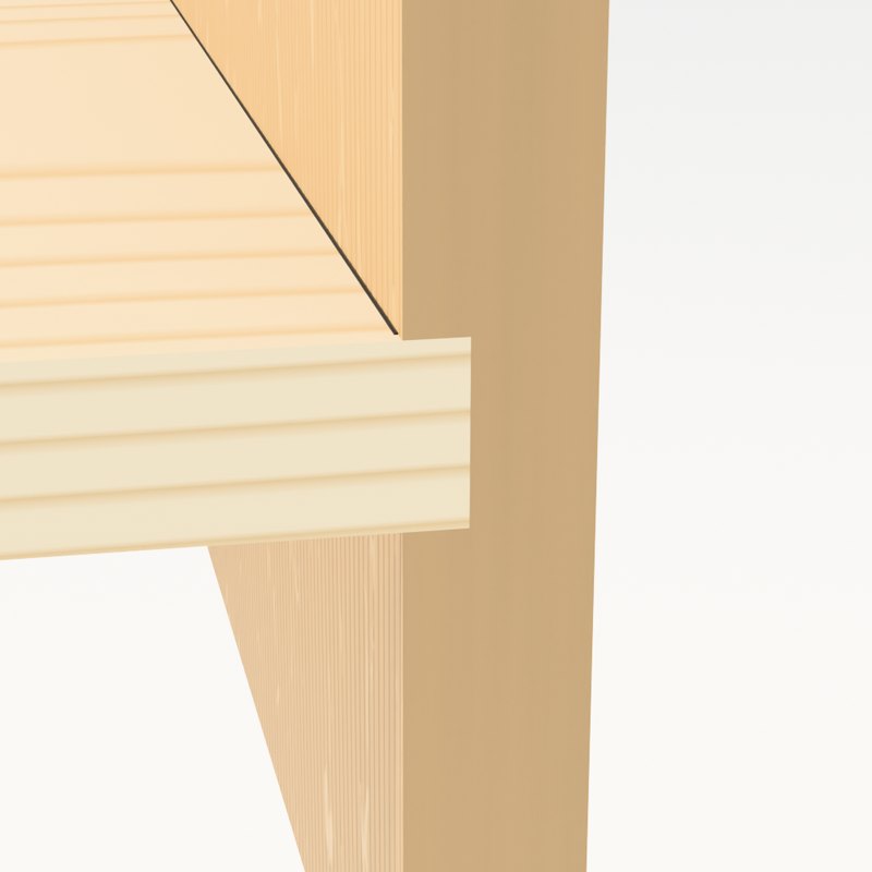 Close-up of the dado housing: the birch shelf sitting a third of the way into the white-oak side panel, between two square walls