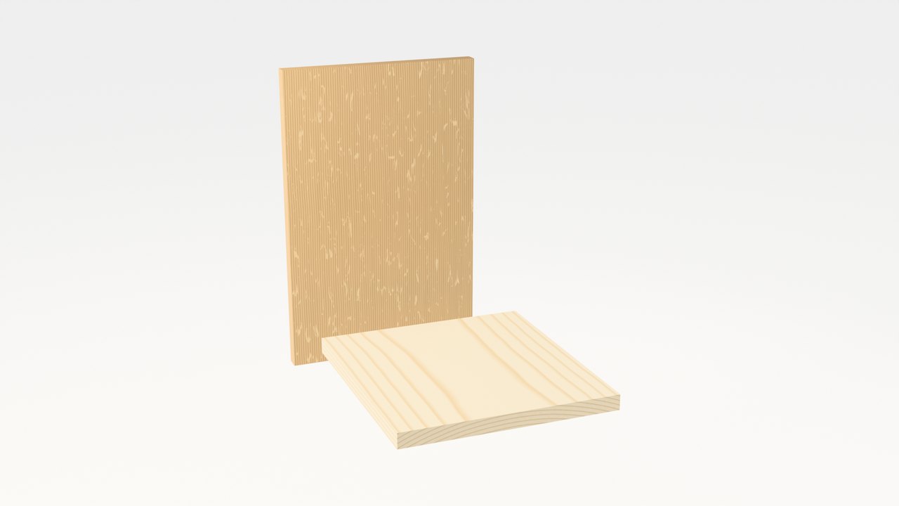 An uncut quartersawn white-oak side panel standing on end, and a pale birch shelf in front of it