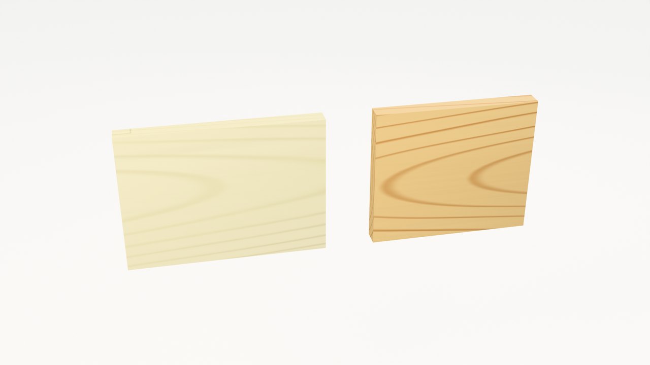 A pale poplar side board and a honey-coloured pine front board, both 16 mm thick, before cutting