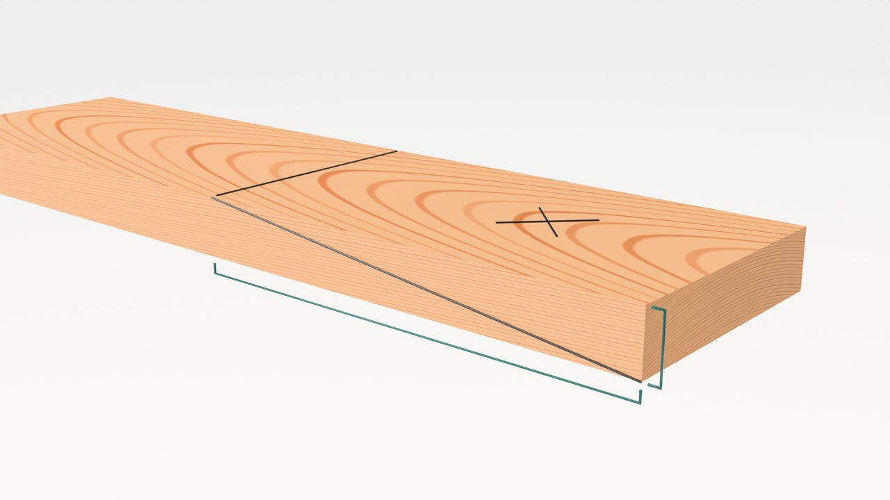 Board one marked out: a pencil line across the face 160 mm from the end, the diagonal on the edge from that line to the bottom corner of the end, and the waste wedge marked with an X