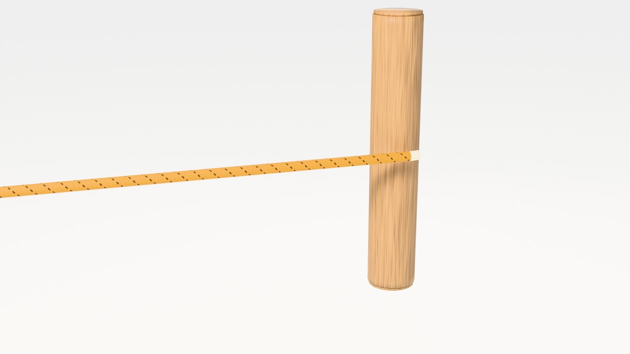 A rope coming in from the left with its working end at a wooden post, before tying