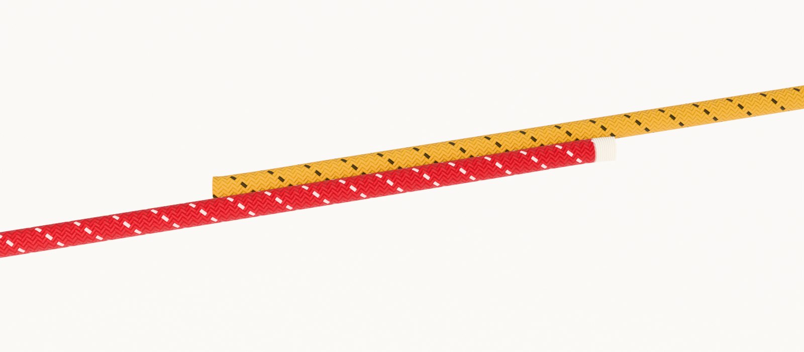 A crimson rope and a mustard rope laid side by side with their ends overlapping, pointing opposite ways, before the knot is tied