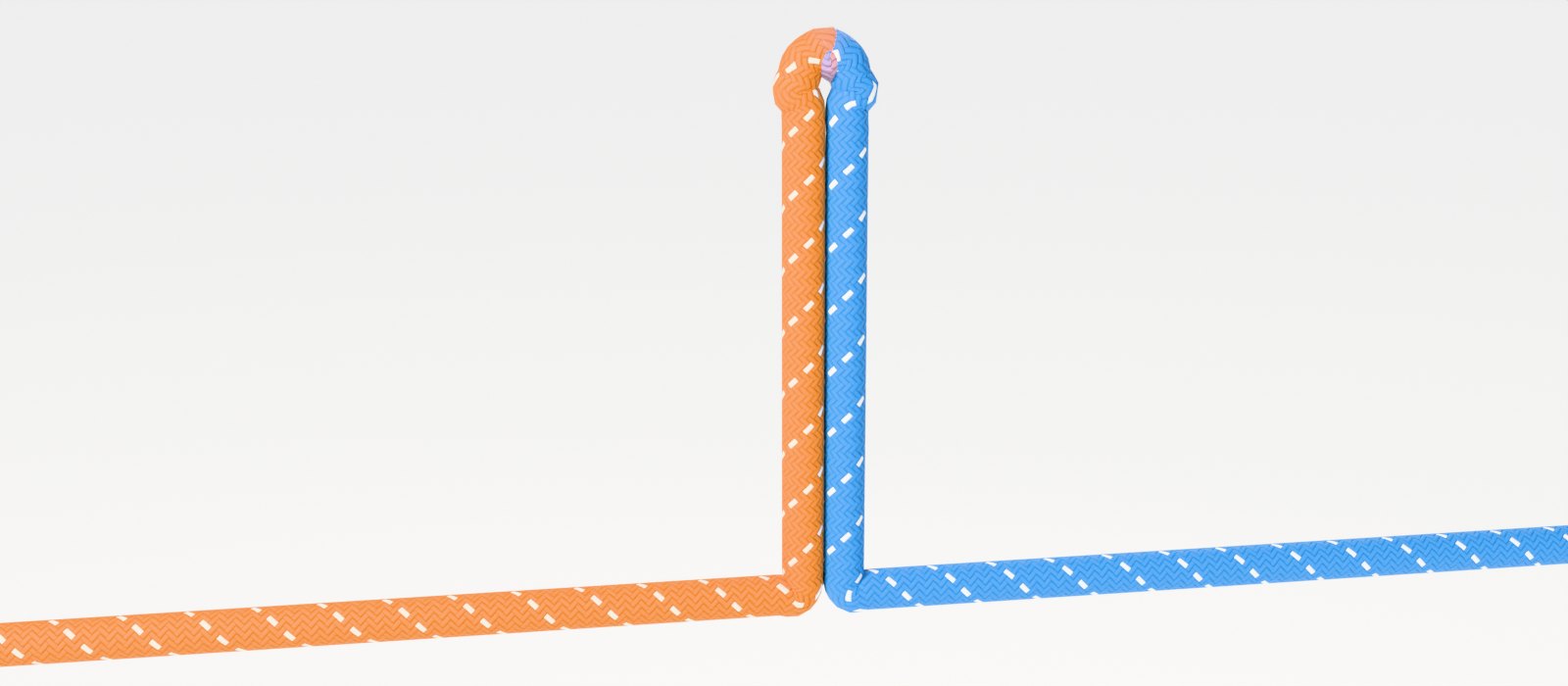 A two-tone orange and blue rope lying across the frame with a narrow bight lifted straight up from its middle, the left leg and the right leg running out to either side